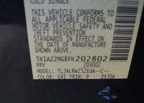 2015 Nissan Murano Sl из США, поврежденный, VIN 5N1AZ2MG8FN202802